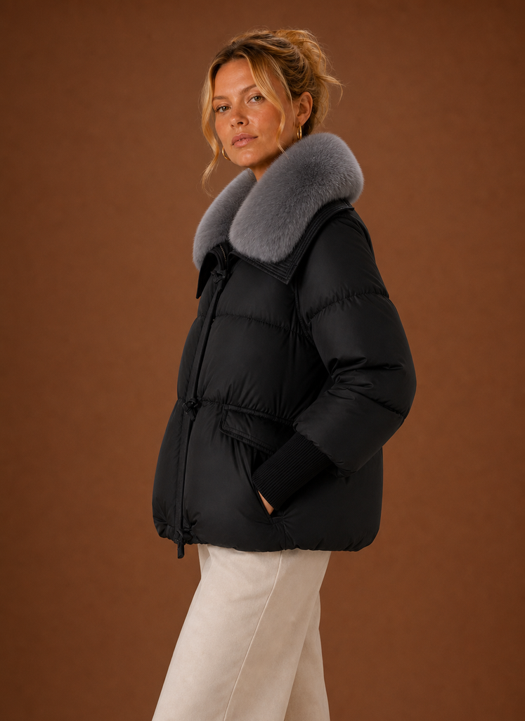 Women's Quilted Puffer Coat with Faux Fur Collar and Waist Toggles
