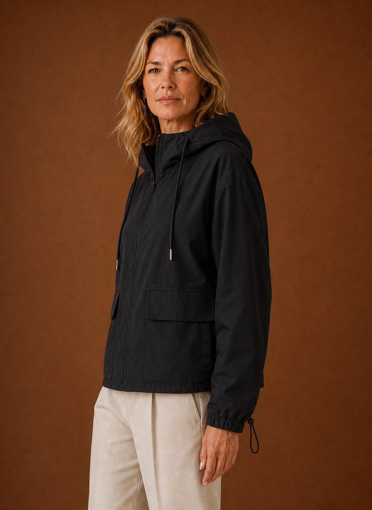 Women's Lightweight Hooded Windbreaker Jacket with Zip Front and Pockets