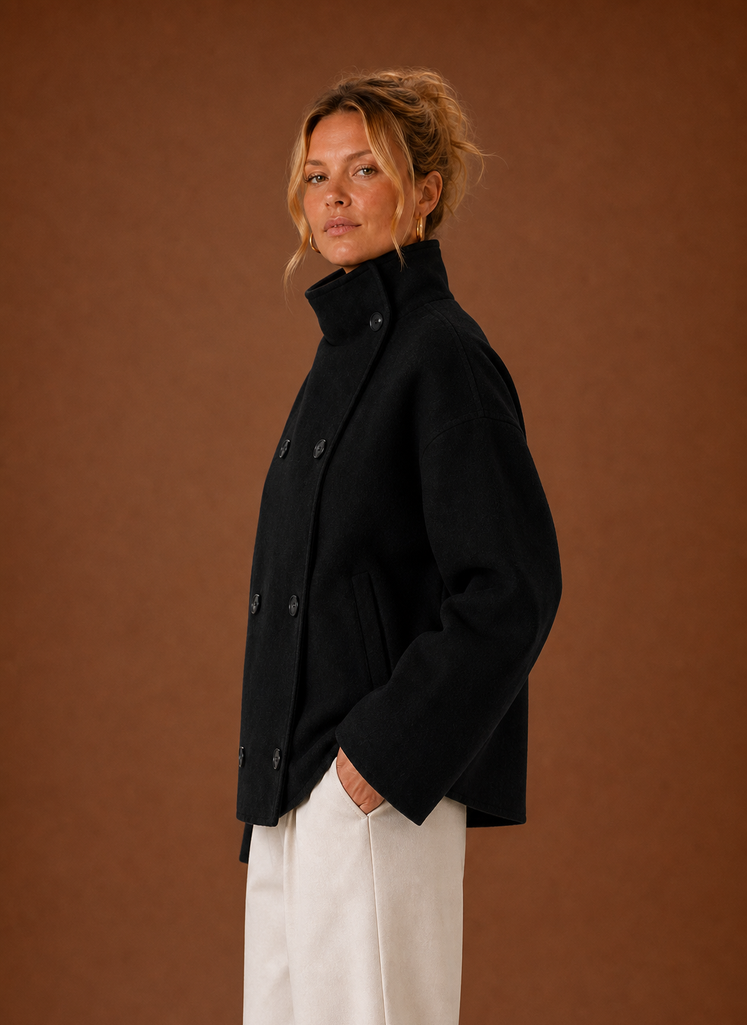 Women's Funnel Neck Double Breasted Wool Blend Jacket