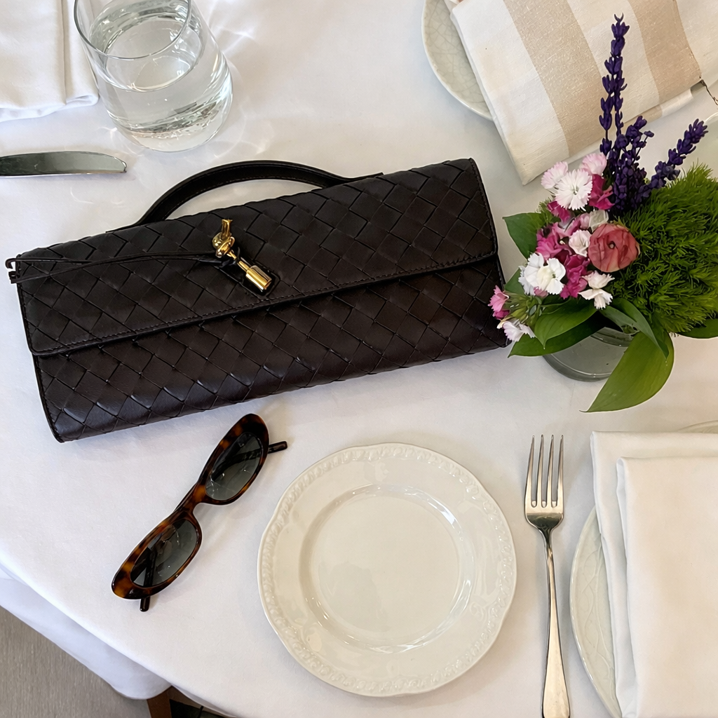 Women's Woven Leather Clutch Bag with Gold Clasp