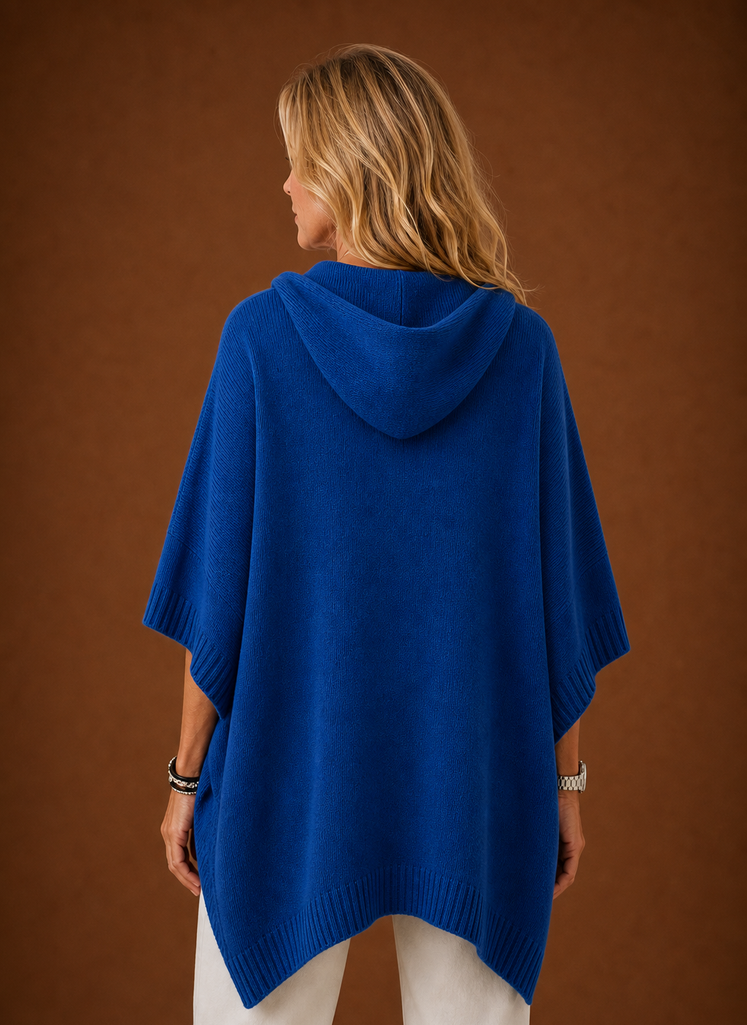Women's Oversized Hooded Poncho Pullover with Ribbed Trim and Drawstring