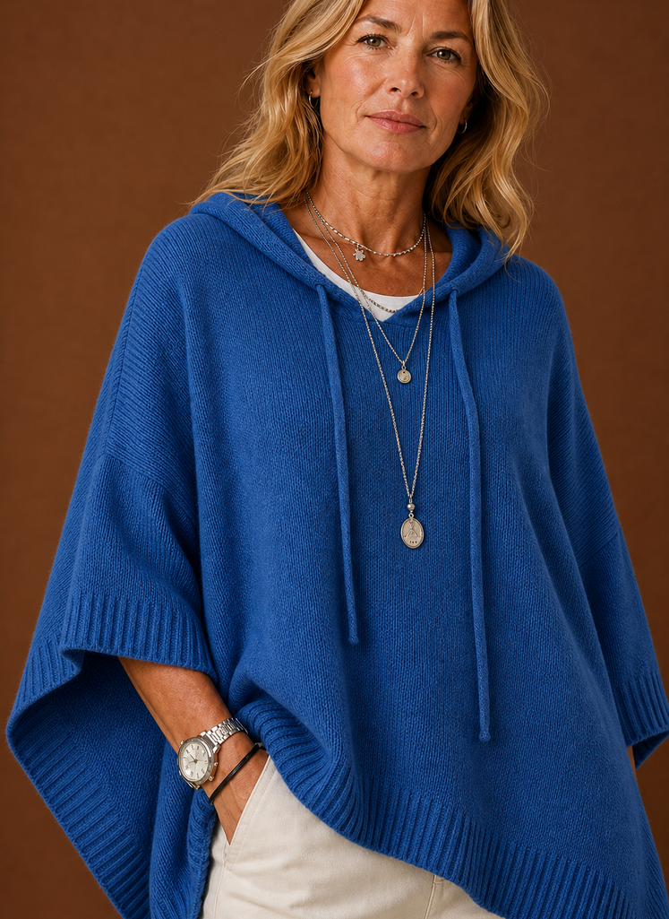 Women's Oversized Hooded Poncho Pullover with Ribbed Trim and Drawstring