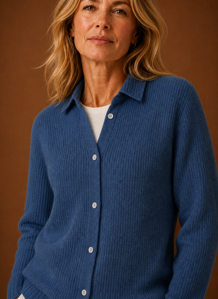 Women's Button Front Knit Cardigan with Collared Neck and Ribbed Trim