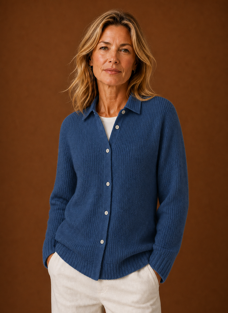Women's Button Front Knit Cardigan with Collared Neck and Ribbed Trim