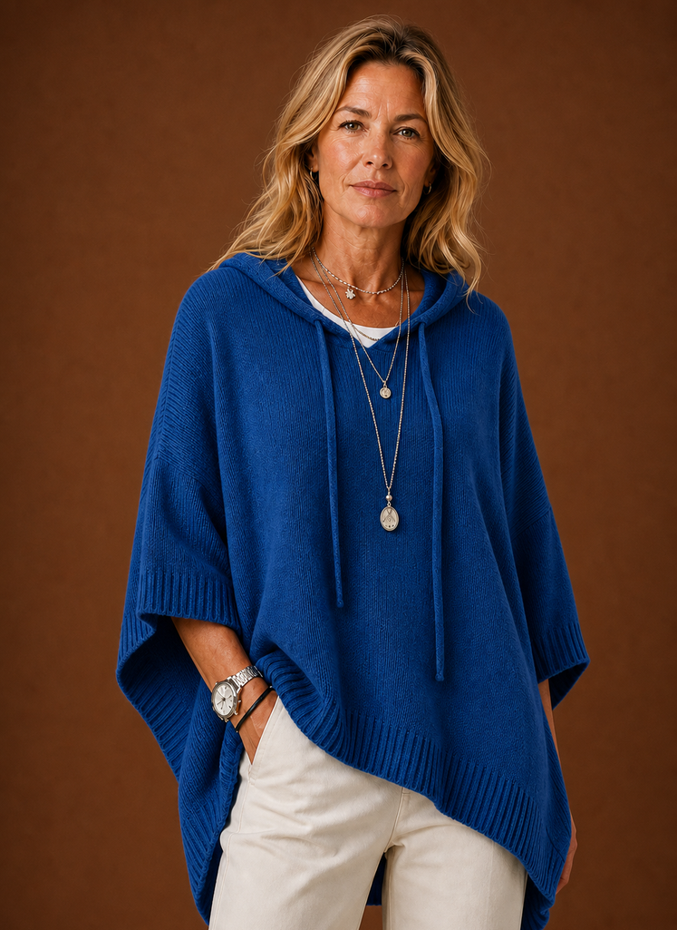 Women's Oversized Hooded Poncho Pullover with Ribbed Trim and Drawstring