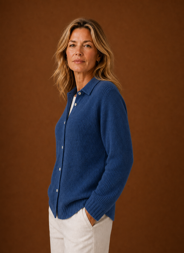 Women's Button Front Knit Cardigan with Collared Neck and Ribbed Trim