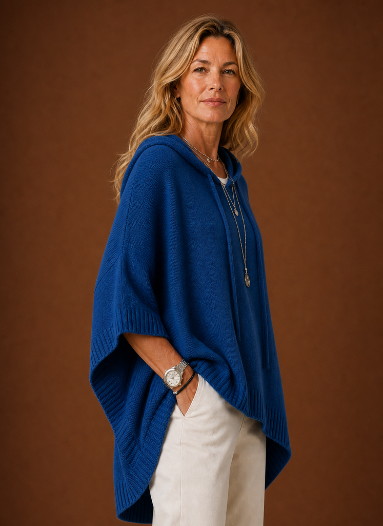 Women's Oversized Hooded Poncho Pullover with Ribbed Trim and Drawstring