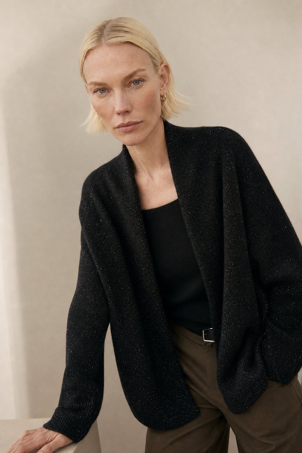 Women's Cashmere Open Front Cardigan with Shawl Collar and Pockets