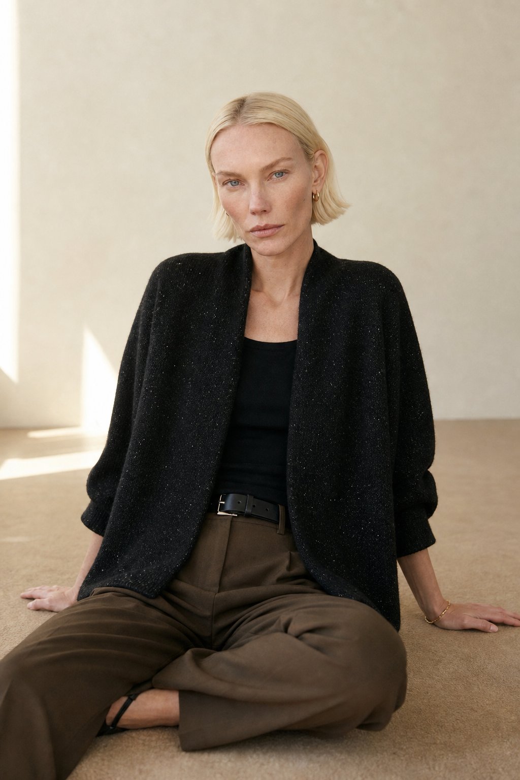 Women's Cashmere Open Front Cardigan with Shawl Collar and Pockets