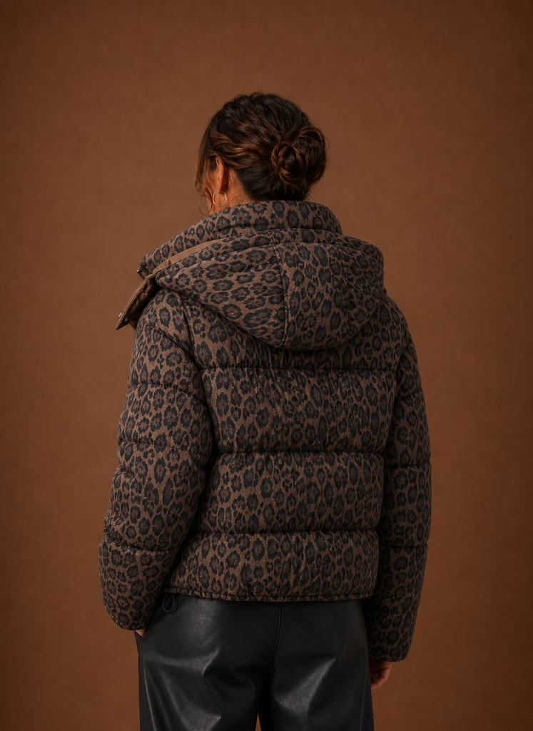 Women's Leopard Print Quilted Puffer Jacket with Removable Hood and Pockets