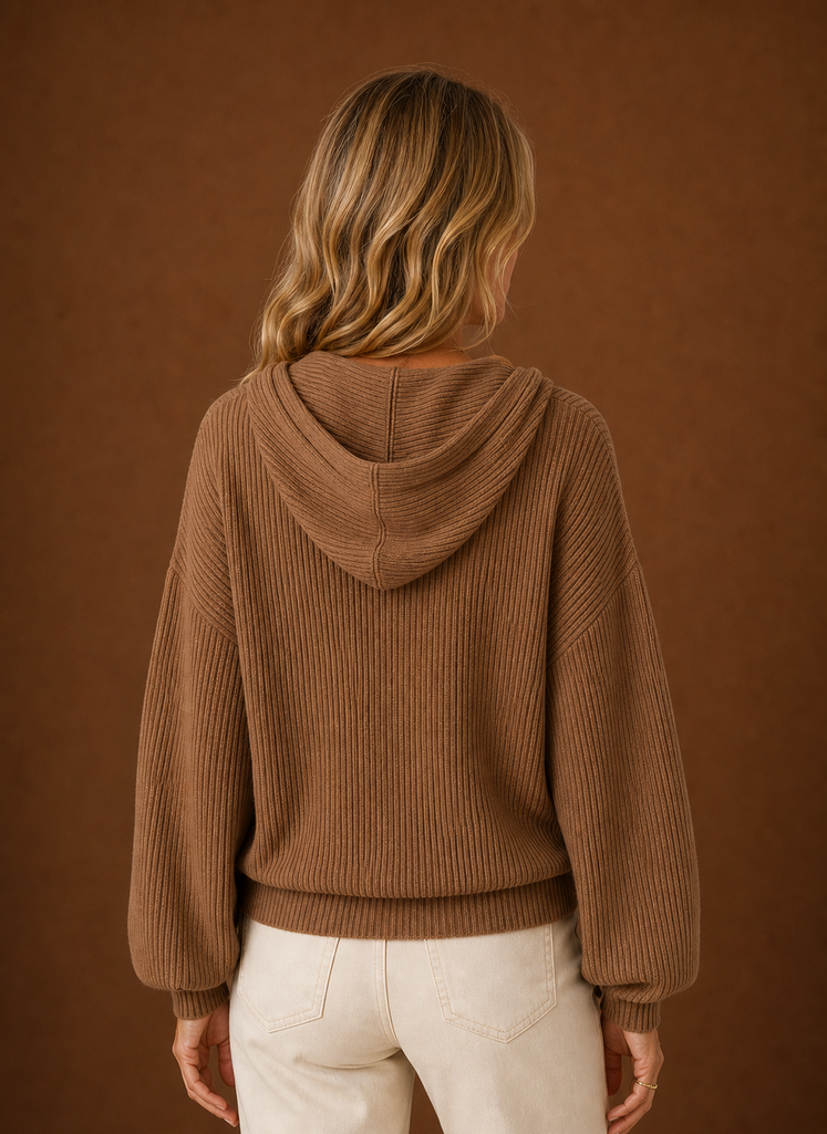 Women's Ribbed Knit Hooded Cardigan with Button Front and Long Sleeves