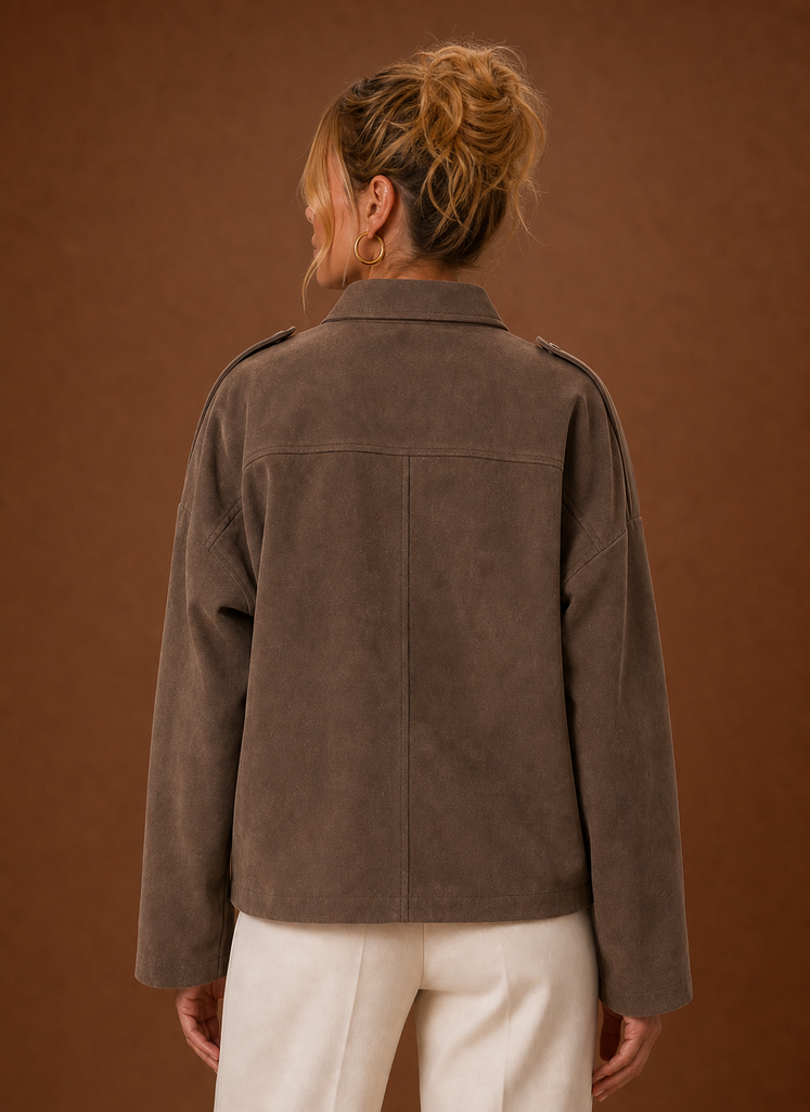 Women's Oversized Suede Jacket with Classic Collar and Zip Front
