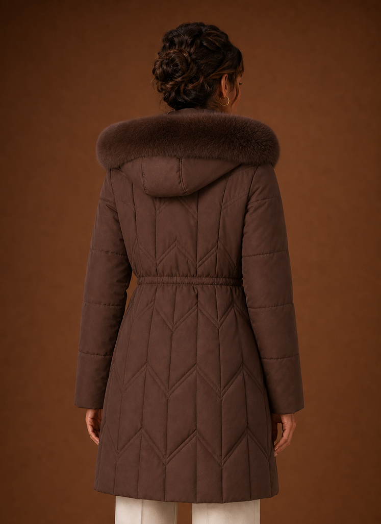 Women's Long Puffer Coat with Faux Fur Trim Hood and Drawstring Waist