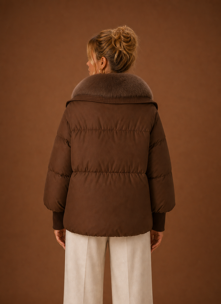 Women's Quilted Puffer Coat with Faux Fur Collar and Waist Toggles