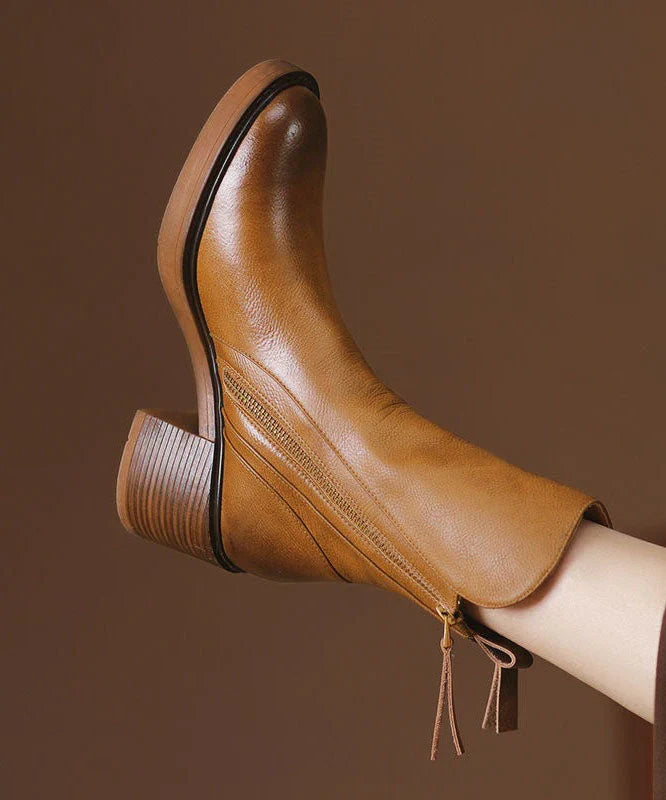 Women's Leather Ankle Boots with Chunky Heel and Side Zip
