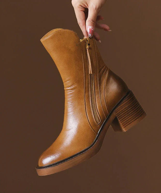 Women's Leather Ankle Boots with Chunky Heel and Side Zip