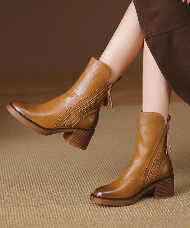 Women's Leather Ankle Boots with Chunky Heel and Side Zip