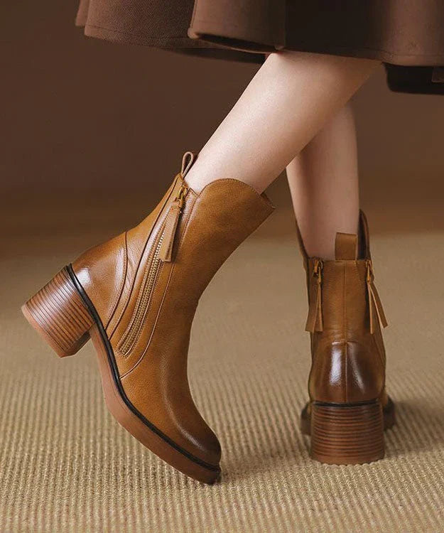 Women's Leather Ankle Boots with Chunky Heel and Side Zip