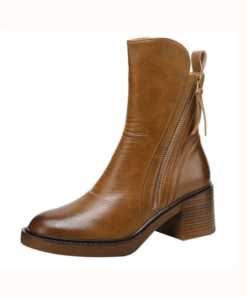 Women's Leather Ankle Boots with Chunky Heel and Side Zip