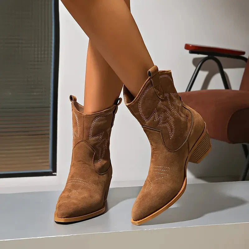 Women's Western Ankle Boots with Decorative Stitching and Block Heel