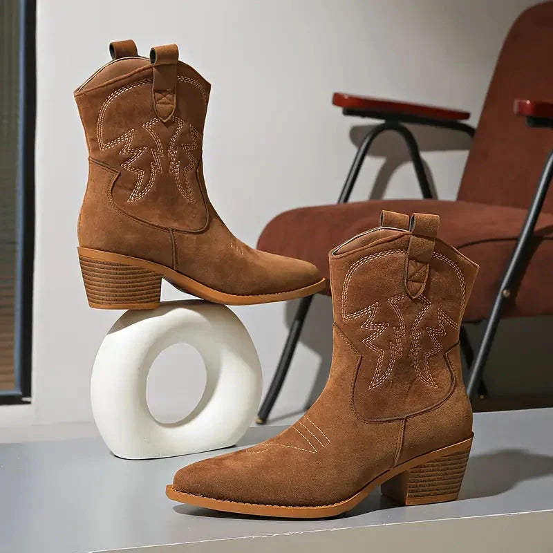 Women's Western Ankle Boots with Decorative Stitching and Block Heel