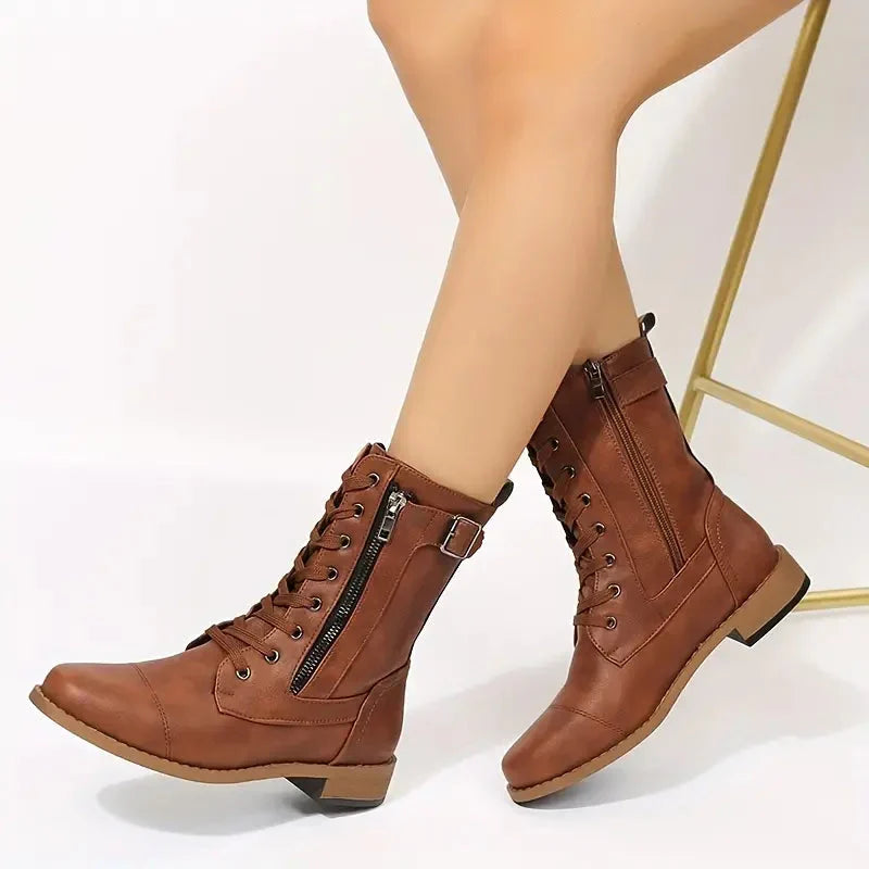 Women's Lace Up Ankle Boots with Side Zip and Buckle Strap