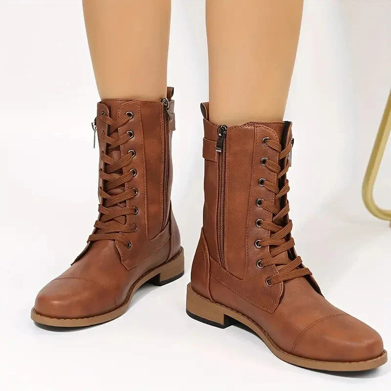 Women's Lace Up Ankle Boots with Side Zip and Buckle Strap
