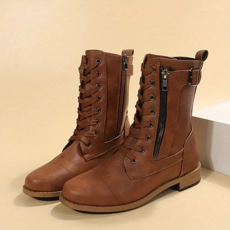 Women's Lace Up Ankle Boots with Side Zip and Buckle Strap