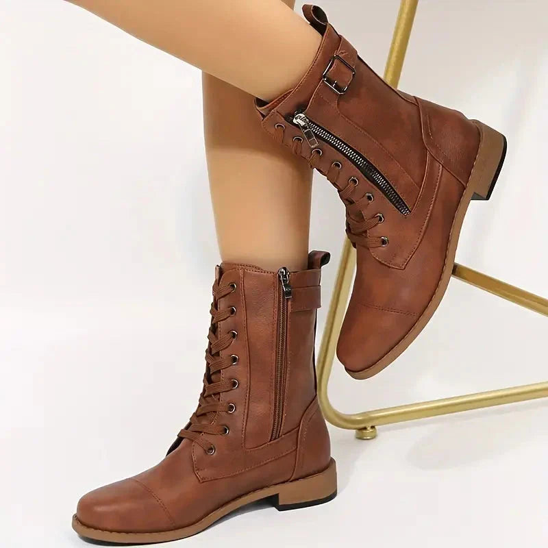 Women's Lace Up Ankle Boots with Side Zip and Buckle Strap