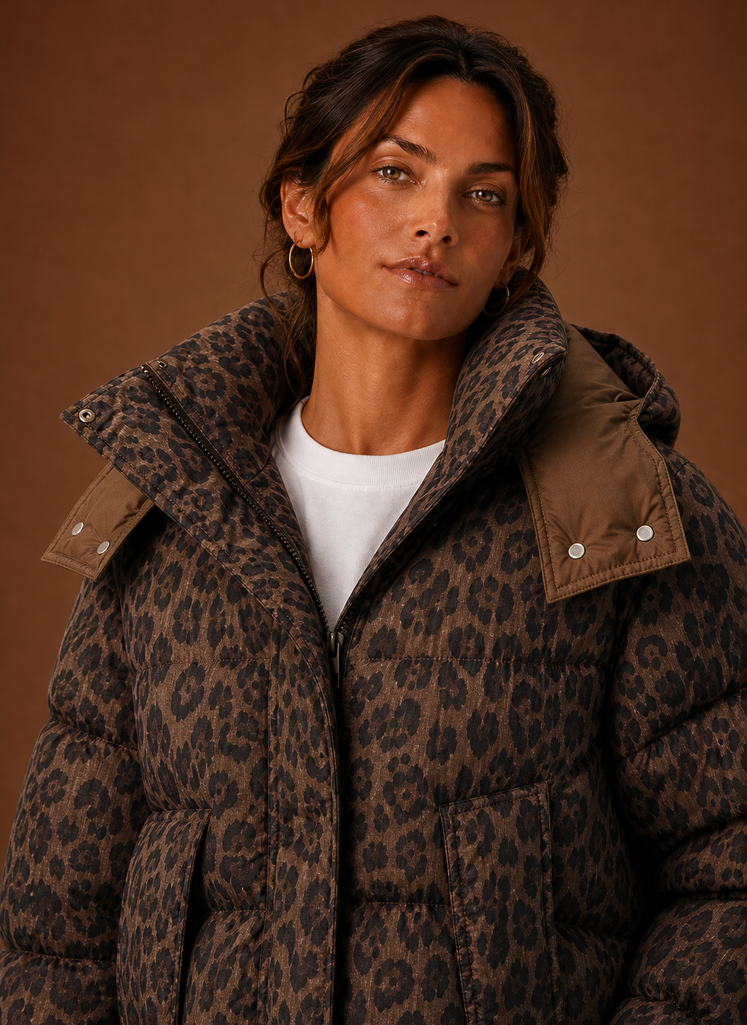 Women's Leopard Print Quilted Puffer Jacket with Removable Hood and Pockets