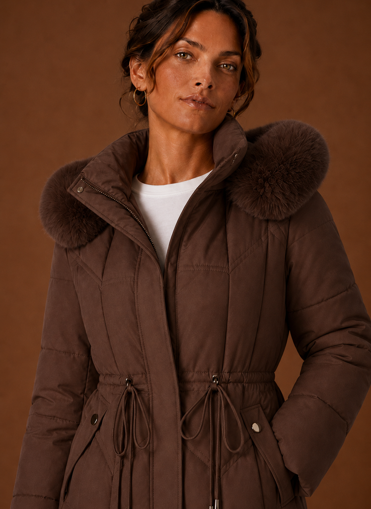 Women's Long Puffer Coat with Faux Fur Trim Hood and Drawstring Waist