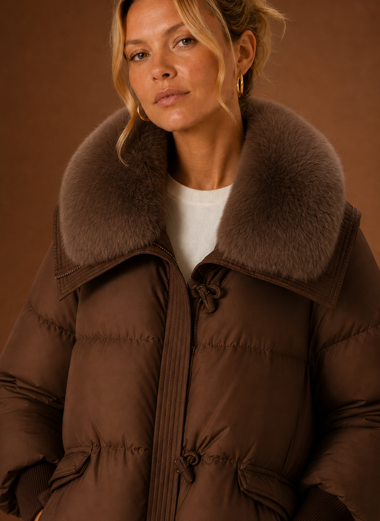 Women's Quilted Puffer Coat with Faux Fur Collar and Waist Toggles