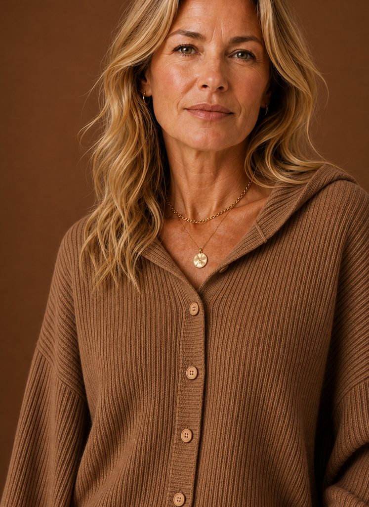 Women's Ribbed Knit Hooded Cardigan with Button Front and Long Sleeves