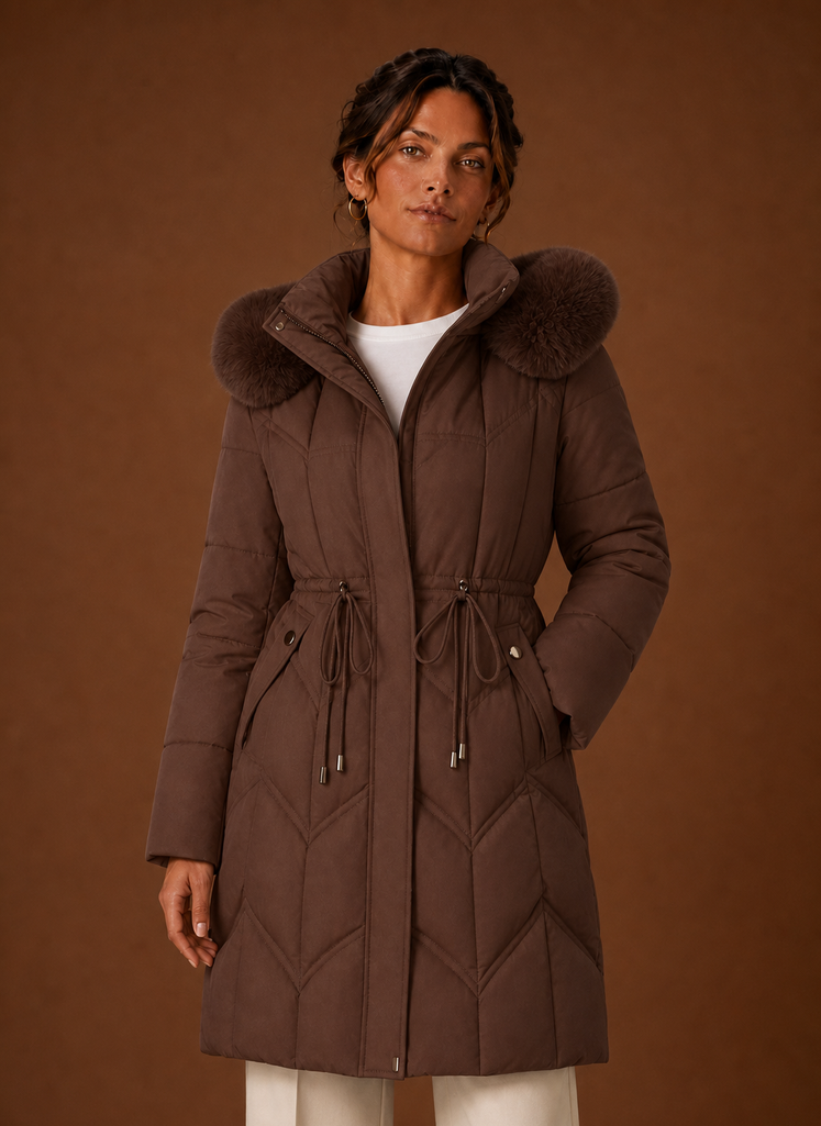 Women's Long Puffer Coat with Faux Fur Trim Hood and Drawstring Waist