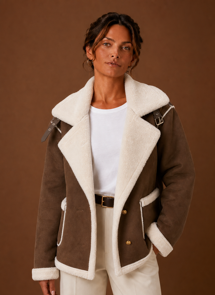 Women's Faux Shearling Aviator Jacket with Wide Collar and Buckle Straps