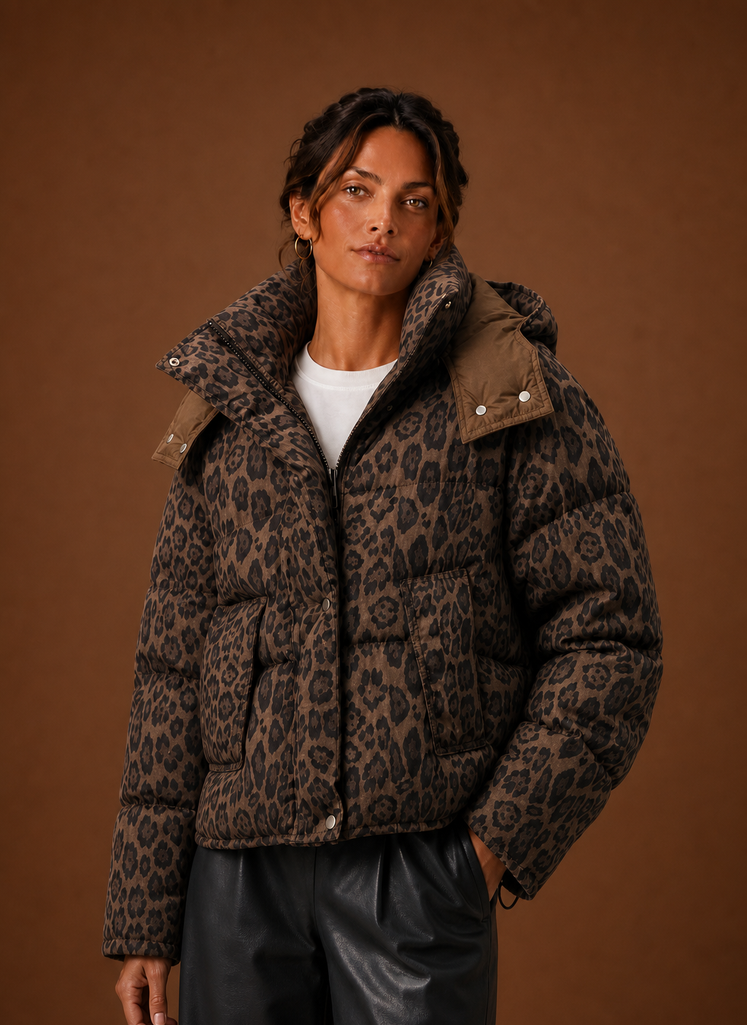 Women's Leopard Print Quilted Puffer Jacket with Removable Hood and Pockets