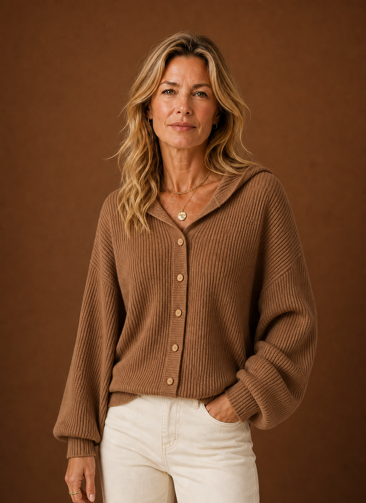 Women's Ribbed Knit Hooded Cardigan with Button Front and Long Sleeves