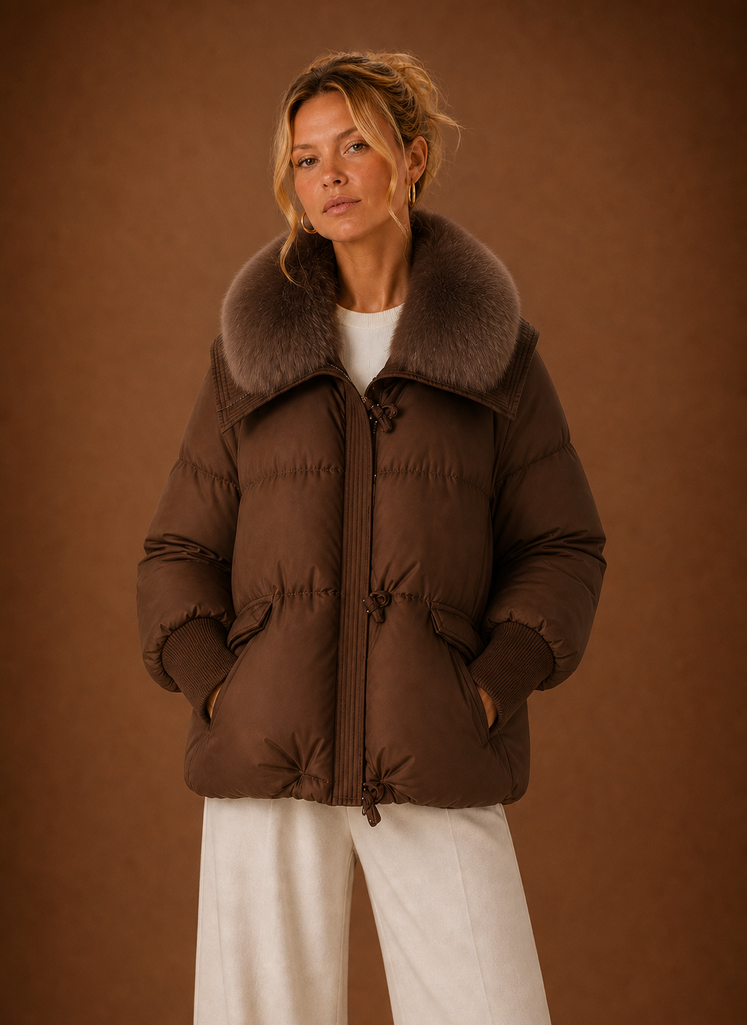 Women's Quilted Puffer Coat with Faux Fur Collar and Waist Toggles