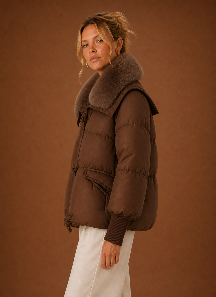 Women's Quilted Puffer Coat with Faux Fur Collar and Waist Toggles