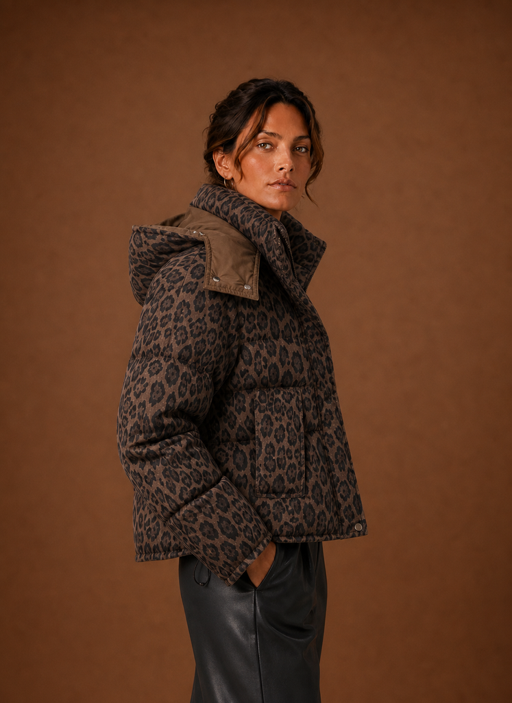 Women's Leopard Print Quilted Puffer Jacket with Removable Hood and Pockets
