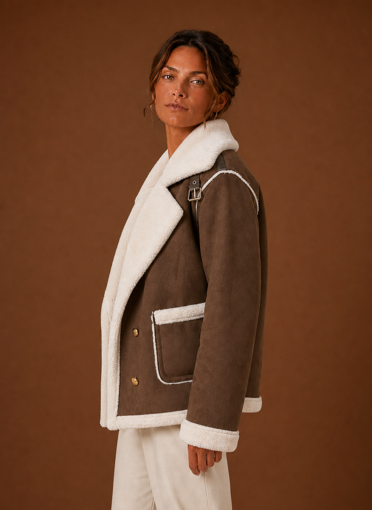 Women's Faux Shearling Aviator Jacket with Wide Collar and Buckle Straps