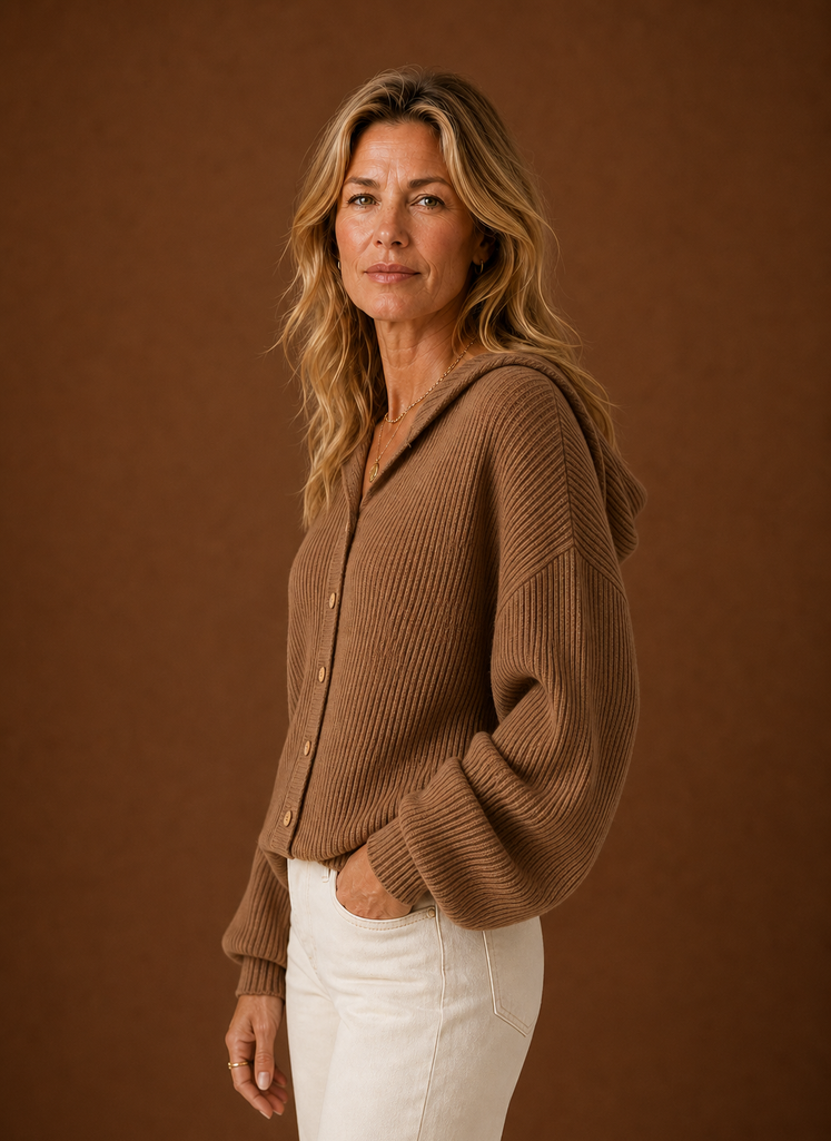 Women's Ribbed Knit Hooded Cardigan with Button Front and Long Sleeves