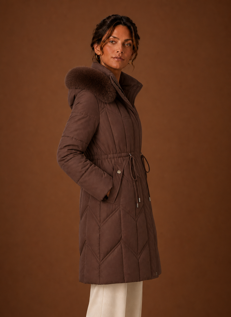 Women's Long Puffer Coat with Faux Fur Trim Hood and Drawstring Waist