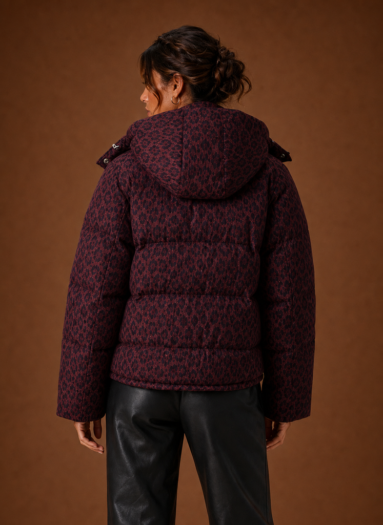 Women's Leopard Print Quilted Puffer Jacket with Removable Hood and Pockets