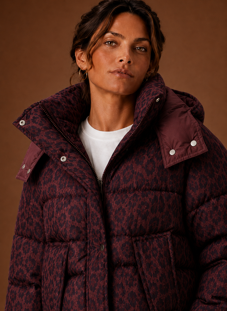 Women's Leopard Print Quilted Puffer Jacket with Removable Hood and Pockets
