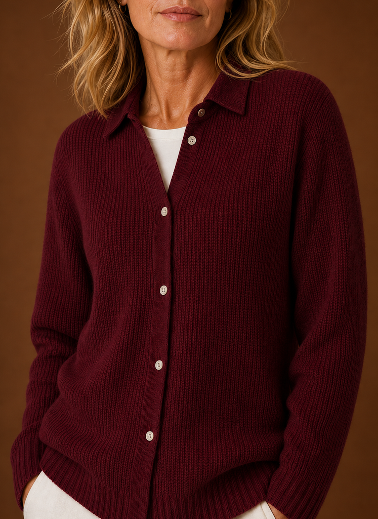 Women's Button Front Knit Cardigan with Collared Neck and Ribbed Trim