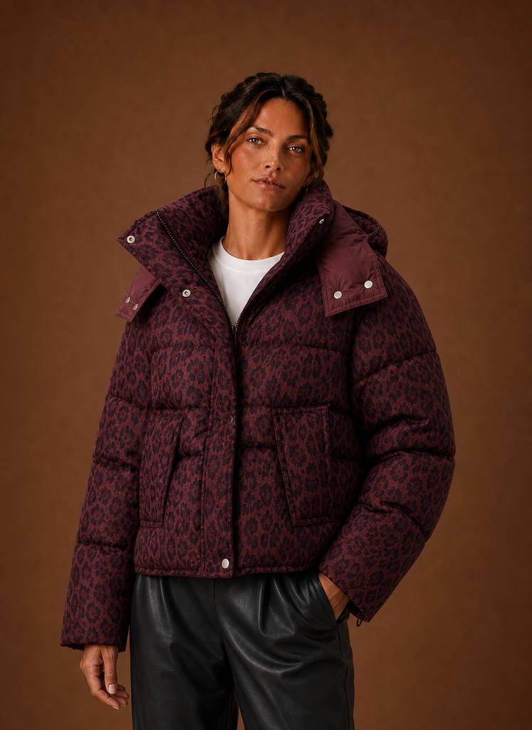 Women's Leopard Print Quilted Puffer Jacket with Removable Hood and Pockets