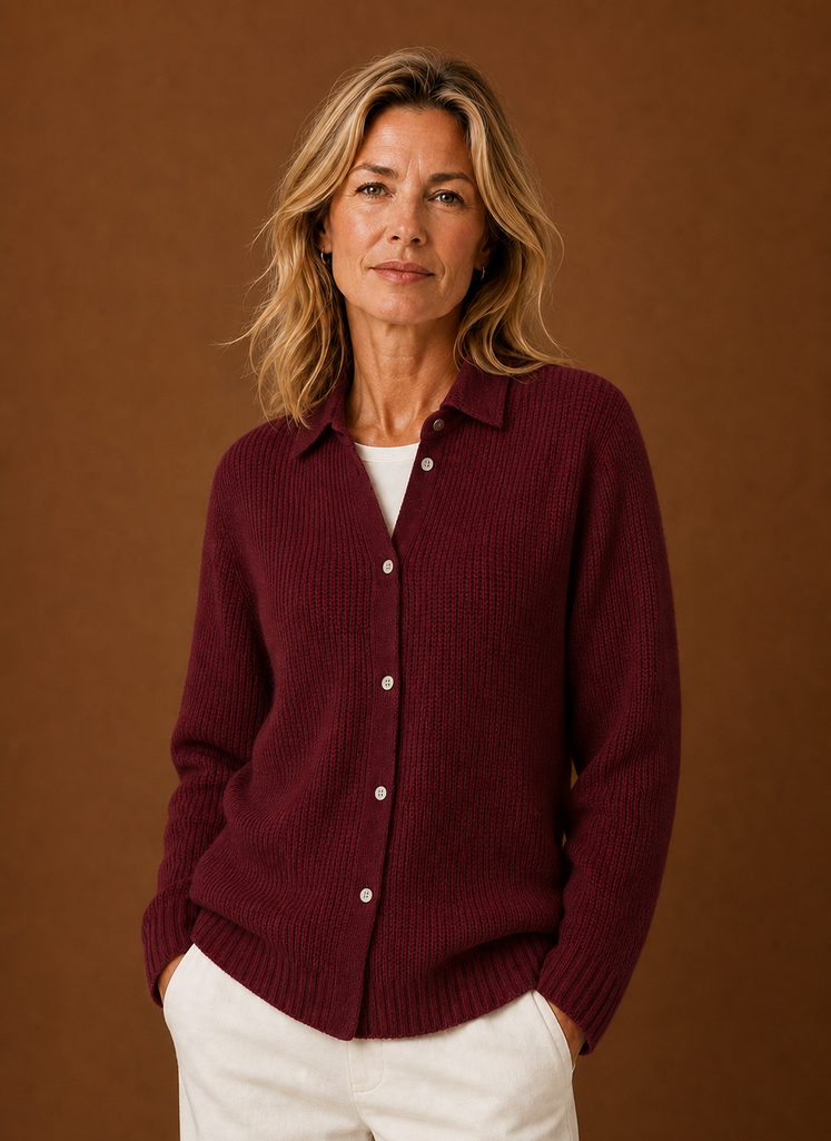 Women's Button Front Knit Cardigan with Collared Neck and Ribbed Trim