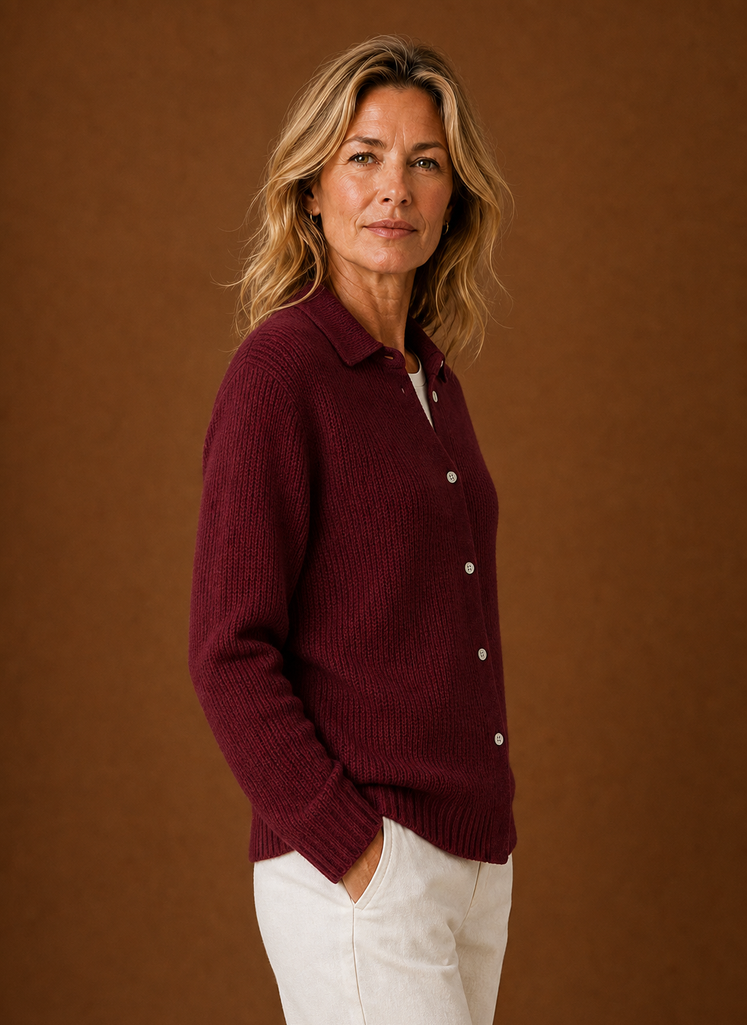 Women's Button Front Knit Cardigan with Collared Neck and Ribbed Trim