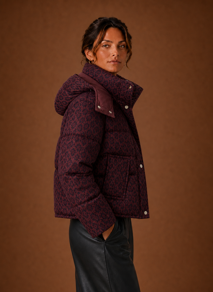 Women's Leopard Print Quilted Puffer Jacket with Removable Hood and Pockets